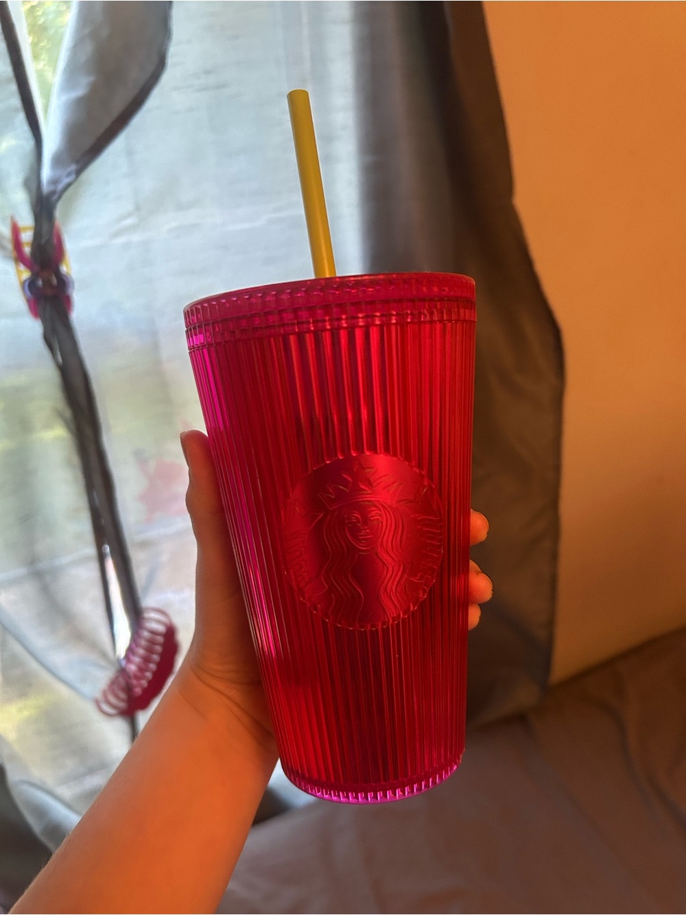 Starbucks Hot Pink Ribbed Cold Cup with Yellow Straw